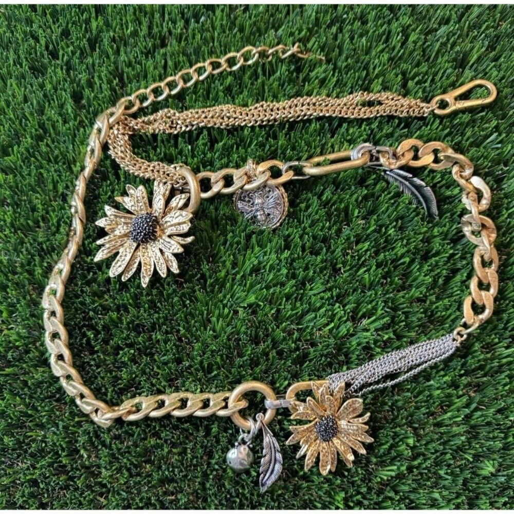 ZARA Gold Tone Chain Belt Sunflower Charms Coin Feather Statement 40” Runway